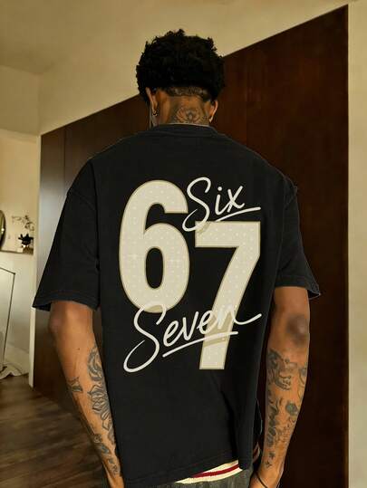  FRACTYR Men's Summer Casual Street Fashion Gen Z Slogan 67 Meme Printed Double-Sided Loose Fit Round Neck Short Sleeve T-Shirt