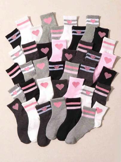 10 đôi tất trẻ em màu trơn và họa tiết trái tim kẻ sọc, kiểu dáng học sinh, thiết kế ngọt ngào và thoải mái, tất thoáng khí phù hợp cho trường học, hoạt động ngoài trời, thể thao và mặc hàng ngày.