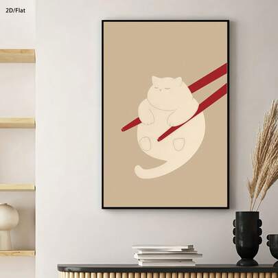 1pc Vintage Minimalist Style Illustration Of A White Cat And Red Chopsticks On Canvas, An Artistic Printed Posters For Modern Wall Arts Decoration, Suitable For Decoration In Living Rooms, Kitchens, Dining Rooms, Bathrooms, Offices, Bedrooms, Wall Decoration, Home Decoration, Room Decoration, And As A Perfect Gift For Friends.