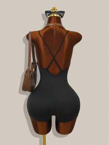 女士修身吊带连体裤，交叉露背设计，休闲日常穿着，适合夏季，女士连体裤 - 黑色 - 查看 3