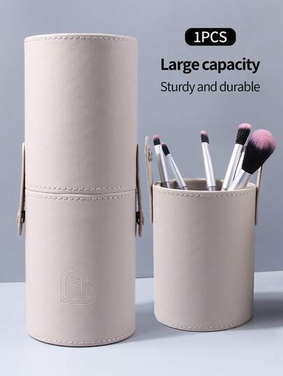 1pc Creamy White Makeup Brush Storage Bucket,High-Capacity Portable,PU Leather Large Size,Makeup Bag Cosmetic Bag Storage Bin Storage Cylinder Dust-Proof And Water-Resistant Sturdy And Durable,Household Outdoor Unisex