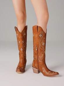 Western Boots For Women Floral Embroidered Pull On Boots Pointed Toe Chunky Heel Long Boots Classic Cowboy Cowgirl Boots Knee High Western Boots For Dressy Party Walking Shoes - nâu nhạt - Xem 5