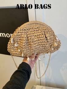 卡其色时尚编织草编包，独特编织复古风链条单肩包，女士休闲百搭斜挎包，适合外出、约会、购物、送礼和通勤上班。 - 卡其色 - 查看 11