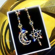 Elegant Silver Asymmetrical Star And Moon Earrings, Long Tassel Shiny Personalized Earring Jewelry - Multicolor - View 4