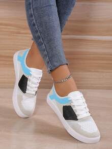 Summer Lace-Up Splice Running Shoes, Korean Fashion Casual Sneakers, Soft Sole Versatile Running Breathable Women Shoes - Blue - View 4