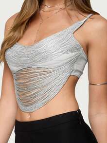 Women Y2k Tassel Draped Front Camisole Sexy Backless Criss Cross Slim Fitted Fringe Crop Top Night Out Party Clubwear Women's Sparkly Sequin Spaghetti Strap Crop Top Sleeveless V Neck Rave Tank Vest Clubwear - 灰色 - 查看 2