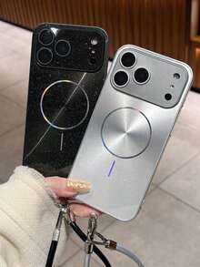 Luxury Shiny CD Pattern Aurora Silicone Phone Case, Compatible With Magnetic Wireless Charging, Compatible With IPhone 17 Pro Max, 17 Pro, 17, 16 Pro Max, 16 Pro, 16, 16, 15 Pro Max, 15 Pro Max, 15 Pro, 15, 14 Pro Max, 14 Pro, 14, 13 Pro Max, 13 Pro, 13, Camera Protection, Shock-Proof Back Cover - Dây bạc + da - Xem 5