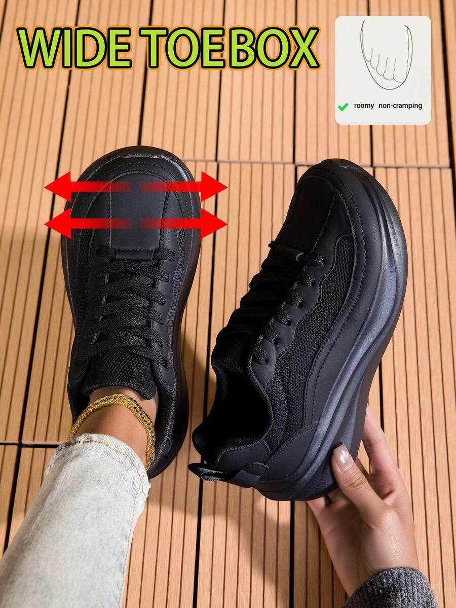 黑色宽楦女式厚底休闲运动鞋,透气网布材质,厚底设计,日常穿着舒适 - 黑色 - 查看 1