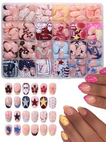 576片（24种款式）短款按压式凝胶美甲贴片，波点、瓢虫、海洋、星星、豹纹设计，法式短款美甲贴片，完美贴合短款椭圆形按压式凝胶美甲，亚克力假指甲，包含4片果冻凝胶贴片和2个指甲锉，适合夏季美甲和法式美甲，适合女性和女孩日常工作、派对使用。 - 彩色 - 查看 9