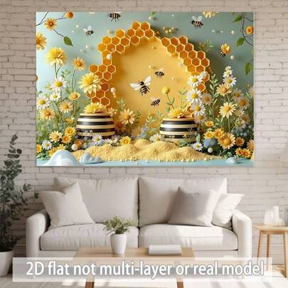 2D平面，1个明亮的黄色透明翅膀蜜蜂和彩色花朵横幅 - 春季主题，适合新年、婚礼装饰、房间墙壁挂饰，涤纶材质，透明翅膀，2D平面。多种款式和尺寸可供选择。