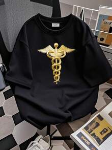 Camiseta de mujer con estampado NUEVO Y LIMITADO del símbolo médico tradicional del Caduceo de oro, de manga larga o corta - Negro - Ver 2