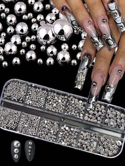 12 Grids Half Round Silver Pearls Nail Charms Metallic Flat-Back Beads Ball Mixed Size Nail Pearls Diy Nail Gems Nail Supplies Nails