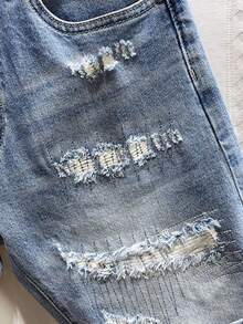 Men's Distressed Denim Shorts, Washed Vintage Loose Wide Leg Casual Bermuda Shorts - Mint Blue - View 5