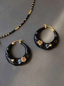 1 par de pendientes de aro elegantes y creativos de estilo retro francés asimétricos con gota de aceite, pendientes de aro de lujo para mujer - Pendientes elegantes-rojo - Ver 1