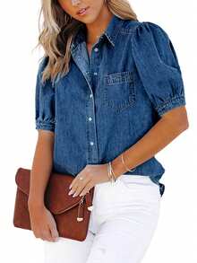 Women's Light Blue Petal Sleeve Denim Shirt Casual Summer - Dark Wash - View 5