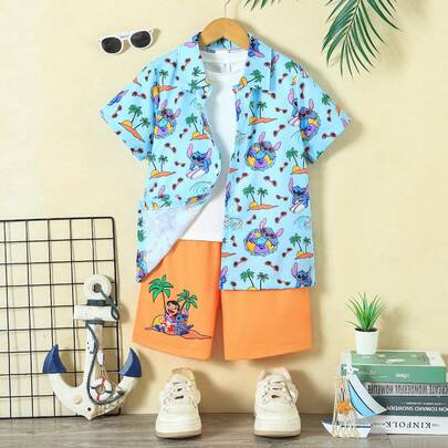 Disney Young Boys' Coconut Tree & Stitch Print Casual Comfortable Fabric Polo Collar Open Cardigan Short Sleeve & Elastic Waist Shorts Set, Children Comfortable Daily Outfit, Suitable For Home Wear