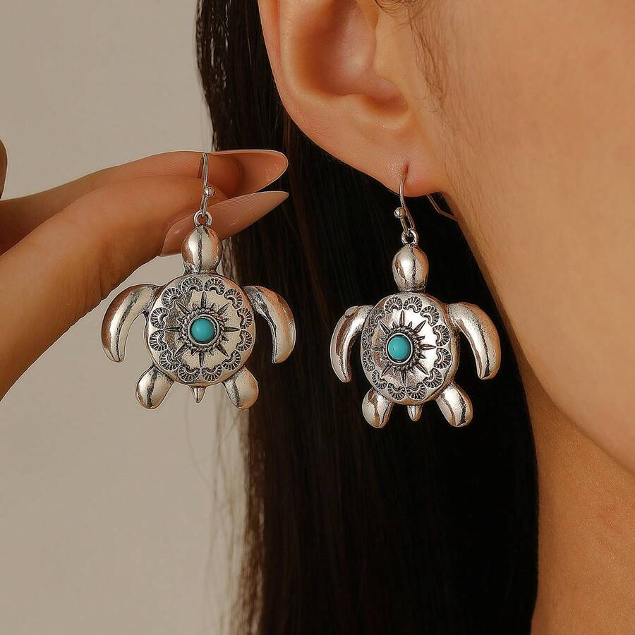 1 Pair Vintage Sea Turtle & Turquoise Design Women Earrings, Delicate & Cute Simple Fashion Jewelry, Suitable For Daily Wear And Party/Holiday Gift - Antique Silver - View 1