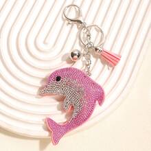 1pc Rhinestone Dolphin Tassel Keychain, Geometric Pattern Bohemian Zinc Alloy Keyring, Suitable For All Seasons - Baby Pink - View 4