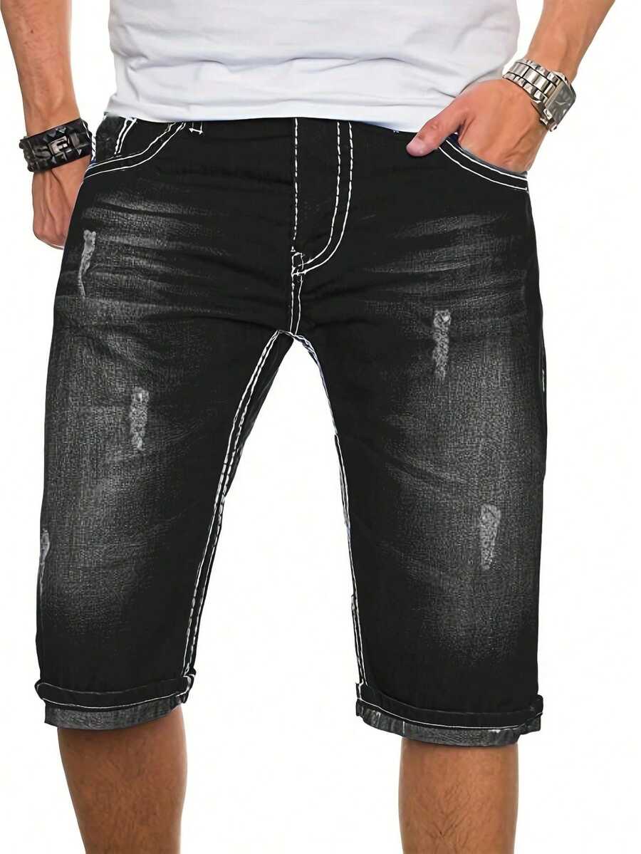 男士时尚弹力直筒牛仔短裤，后口袋带刺绣 - 深灰色 - 查看 1