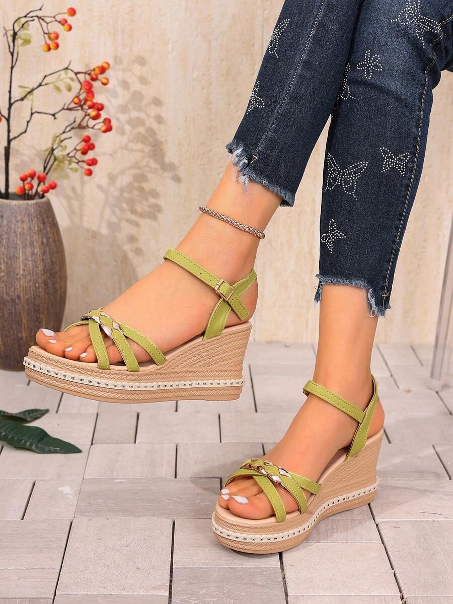 女士夏季新款鞋履，时尚凉鞋，休闲圆头绿色厚底坡跟复古罗马女士拖鞋，舒适百搭波西米亚风多场合踝带高跟凉鞋 - 青檸色 - 查看 1
