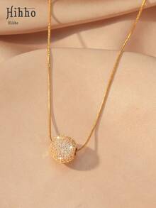Hihho 1pc Minimalist Chic Inlaid Zirconia Spherical Pendant Necklace, Delicate Jewelry Gift For Women, Party & Holiday - 3D Sphere - View 3