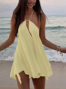 Women's Vacation Beach Sexy Solid Color Backless Halter Mini Dress Elegant Party Summer - Light Yellow - View 5