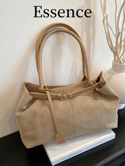 1pc Khaki Tote Bag, New Design With Strap Decor, Large Capacity, Faux Suede Patchwork, Women Shoulder Bag