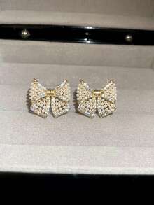 一对金色闪亮水晶和仿珍珠蝴蝶颈链，法式优雅新娘项链，伴娘首饰，适合教堂婚礼、婚宴、婚纱照、周年纪念礼物 - 彩色 - 查看 6