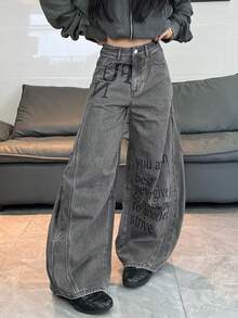 1件日系街頭風女款拼接印花彎腿寬鬆寬腿牛仔長褲，四季皆宜休閒款 - 灰色 - 查看 7