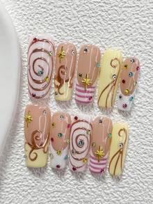 10Pcs Sweet And Edgy Style Handmade Nail Art Set,Polygel Nail Set,Colorful Rhinestones, Gold Stars Nail Art Accessories,Includes Nail Tools,3 Sizes Available,Almond Nails , Duck Nails,Coffin Nails For Party, Dance, Daily Wear. - 彩色 - 查看 4