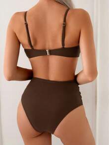 Brown High-Waisted Bikini Swimsuit Set With Tummy Control, Beaded Straps And Metallic Shells, Elegant Faith - 棕色 - 查看 2