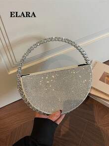 奢华全镶钻圆形手提包，华丽精致的高端手拿包，闪耀水晶派对钱包，优雅淑女手提包 - 銀色 - 查看 1