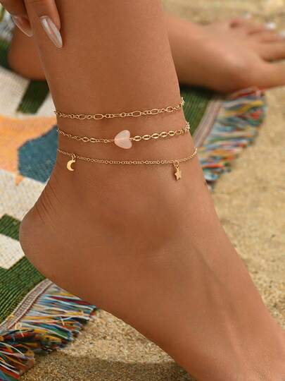 3件套时尚百搭波西米亚风度假风合金脚链套装，心形、月亮和星星吊坠脚链，女士款，完美搭配海滩和夏季度假装扮