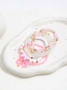 6pcs/Set Fashionable Pink Bow & Heart Beaded Bracelet Set - Pink - View 5