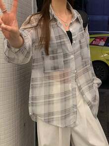 Áo sơ mi dài tay nữ họa tiết kẻ caro tối giản, phong cách thường ngày. - trắng - Xem 2