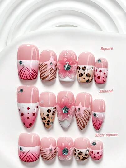 10Pcs Sweet And Edgy Style Handmade Nail Art Set,Polygel Nail Set,Star Cut Diamond Nail Art Accessories,Leopard Print, Stripes, Hand Sculpted Five Petal Flowers Nail Art Decorations,Yellow And Red Nail Polish,Eclectic Style,Comes With Nail Tools(1 Sheets Jelly Stickers+1PC Nail File)3 Sizes Available,Square Nails, Short Square Nails,Almond Nails,Suitable For Reunion,Daily,Party,Photograph,Play,Spring Summer,Commute Supplies Nails