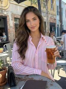 2026春季新款复古美式宽松长袖条纹印花女式衬衫 粉色 - 粉色 - 查看 3