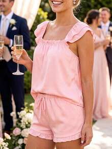 Women's Satin Ruffle Sleeve Two Piece Pajama Set - Square Neck Frill Hem Bridesmaid Loungewear Set - 粉色 - 查看 2