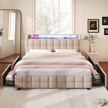 Upholstered Bed With USB Charging Function, Headboard, LED Lighting, And 4 Drawers; Double Bed 140x200cm; Storage Bed Frame; Wooden Slatted Base; Beige (With Mattress) - Beige - View 2