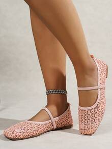 夏季新款弹力带网眼镂空女式平底鞋，时尚透气玛丽珍芭蕾舞鞋，休闲日常通勤一脚蹬平底鞋，适合夏季度假 - 粉色 - 查看 3