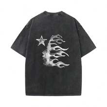 Men's Soft Breathable 100% Cotton Graphic Tee Flame Star Print Casual Streetwear For Everyday Wear Summer 2026 - màu đen - Xem 3