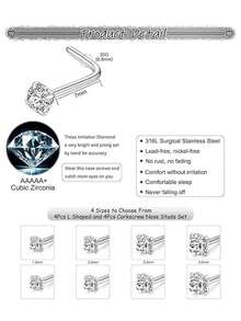 6件套钛金鼻钉男士鼻环，不锈钢鼻钉套装，闪亮圆形锆石鼻钉穿孔饰品套装，派对礼物 - 左欄 - 查看 3