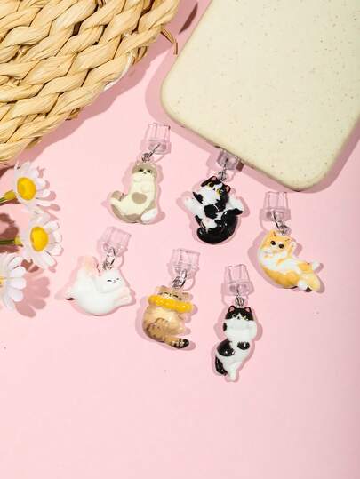 1/6pcs Cute Cartoon Cat Dust Plug, Delicate Fresh Sweet Adorable Resin Pendant Decoration, Suitable For Spring And Summer, Decor For Phone, Tablet, Earphone, Kindle Charging Port, Silicone Transparent Dust Plug, Suitable As Small Gift, Waterproof And Anti-Dust For Phone Charging Port, Compatible With IPhone Lightning/Type-C