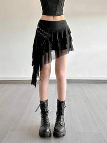 Top Dazzle 女士性感涤纶不对称短裙，略带弹力半透明面料，饰有荷叶边细节 - 黑色 - 查看 7