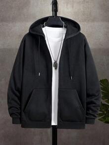 Men's Solid Color Zipper Up Casual Pocket Drawstring Hoodie For Autumn & Winter, Long Sleeve Top - 淺灰色 2 - 查看 8