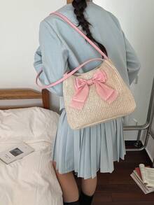 Fashionable Straw Bow Decor Shoulder Bag, Suitable For Girls And Ladies, For Vacation And Beach - Pink - View 5