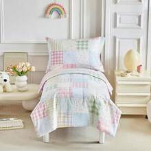 Joyreap - Juego de ropa de cama de algodón de 4 piezas para niños diseño de cuadros de cuadros juego de edredón para niñas incluye edredón acolchado sábana bajera sábana superior y funda de - Cuadros - Ver 3