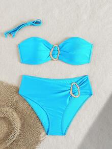 Conjunto de bikini de dos piezas con cuello halter de unicolor para mujer, con accesorio de metal en el medio, adecuado para vacaciones en la isla - Azul - Ver 2