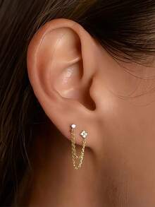 2pcs Cubic Zirconia Decor Chain Pendant Stud Earrings, Jewelry Women - Gold - View 6