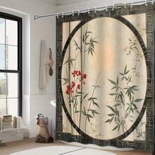 1pc Chinese Ink Painting Shower Curtain, Bamboo Flower Pattern, With Frame Design, Polyester Fabric Bathroom Decor, 12 Hooks, 70.8X70.8 Inch - A - Xem 1